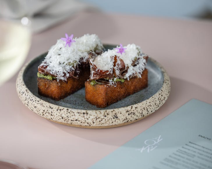 A snack at a fine dining restaurant. 